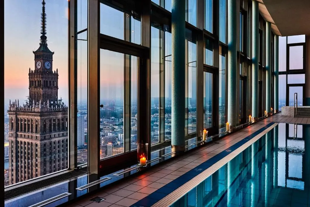 The InterContinental Warsaw pool overlooking the Palace of Culture